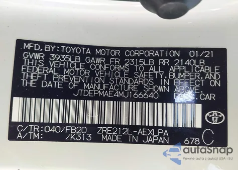 2021 Toyota Corolla Le z USA, uszkodzony, nr VIN JTDEPMAE4MJ166640